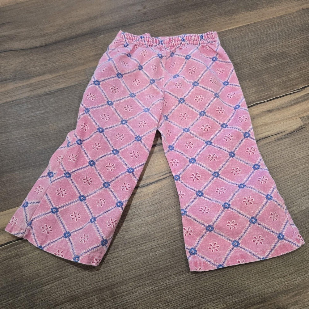 70s Pink Blue Flower Floral Girls Bell Bottoms‎ Pants Elastic Waist 18 24 36 Mo*